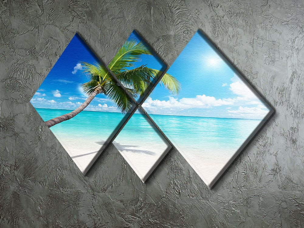 A beautiful 4-square canvas artwork featuring a serene palm and beach scene, divided into four equal panels for a striking visual effect.