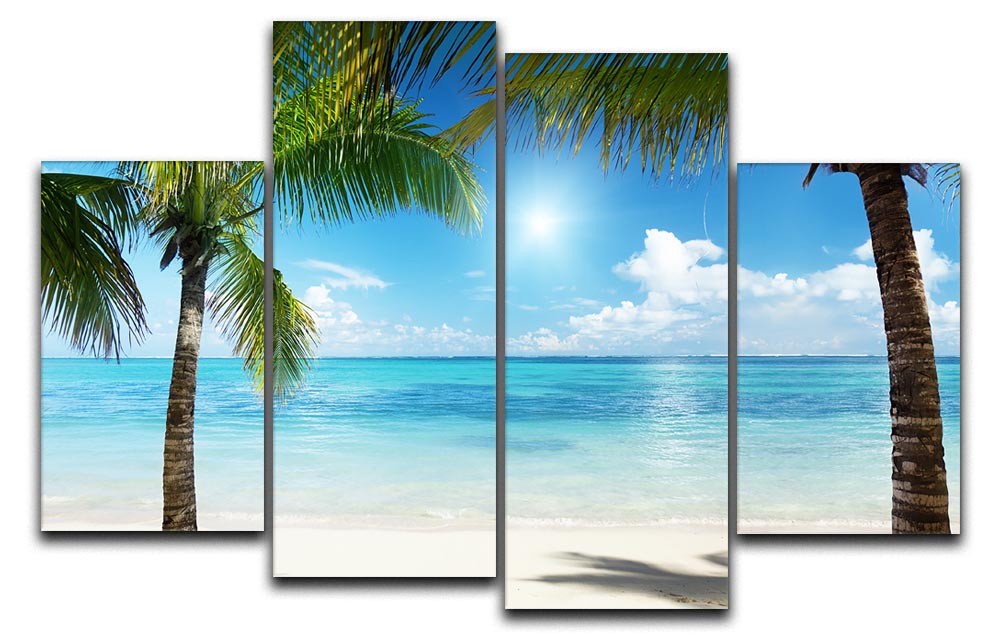 A beautiful 4-split canvas artwork featuring palm trees and a beach scene, creating a serene tropical atmosphere.