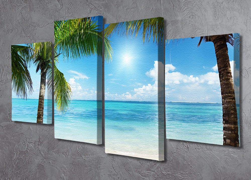 A beautiful 4-split canvas artwork featuring palm trees and a beach scene, creating a serene tropical atmosphere.