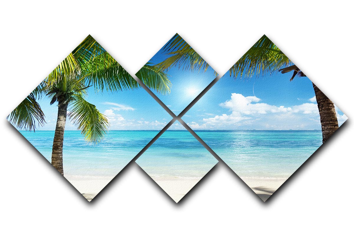 A beautiful 4-square multi-panel canvas artwork featuring a serene beach scene with palm trees, ideal for home decor.