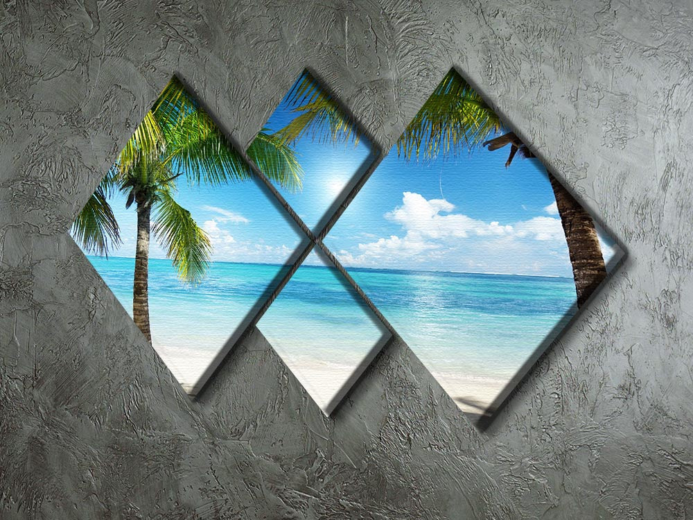 A beautiful 4-square multi-panel canvas artwork featuring a serene beach scene with palm trees, ideal for home decor.