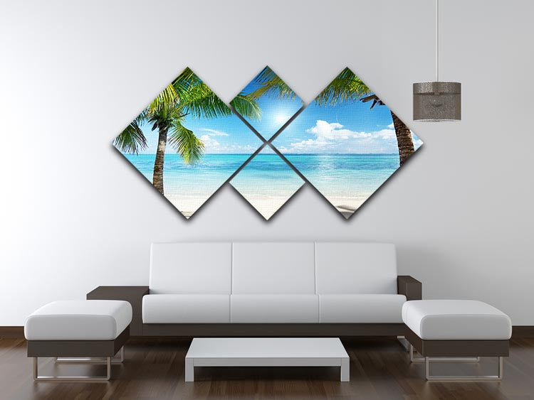 A beautiful 4-square multi-panel canvas artwork featuring a serene beach scene with palm trees, ideal for home decor.