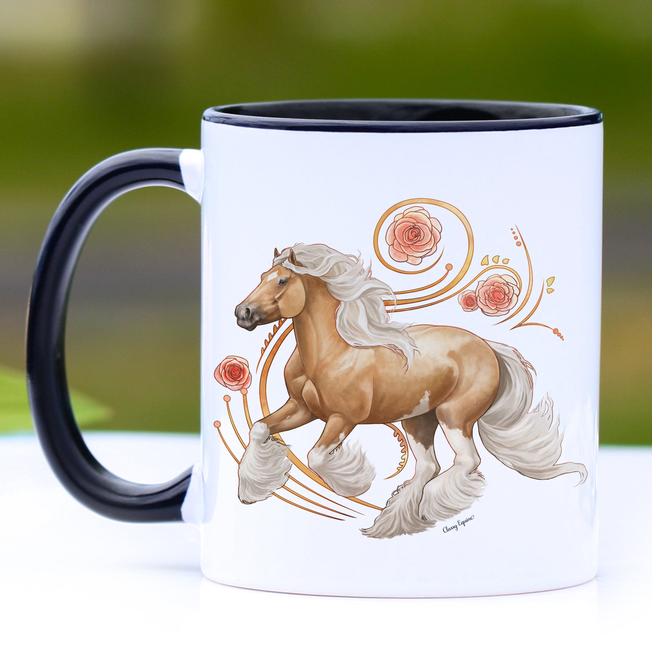A stylish 11 oz Palomino Gypsy horse mug with a black handle and interior, showcasing elegant horse imagery.