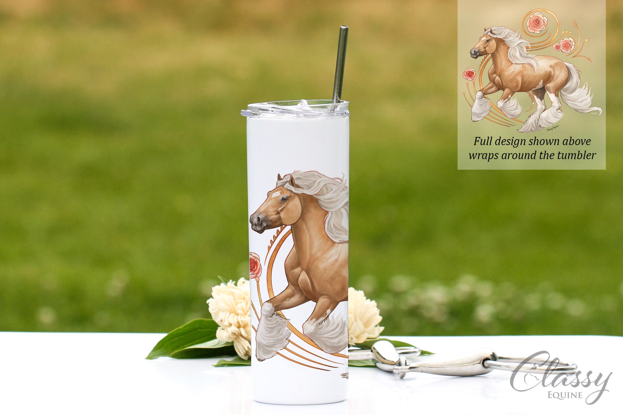 20 oz skinny tumbler featuring an elegant palomino Gypsy Horse design, made of insulated stainless steel with a straw and spill-proof lid.