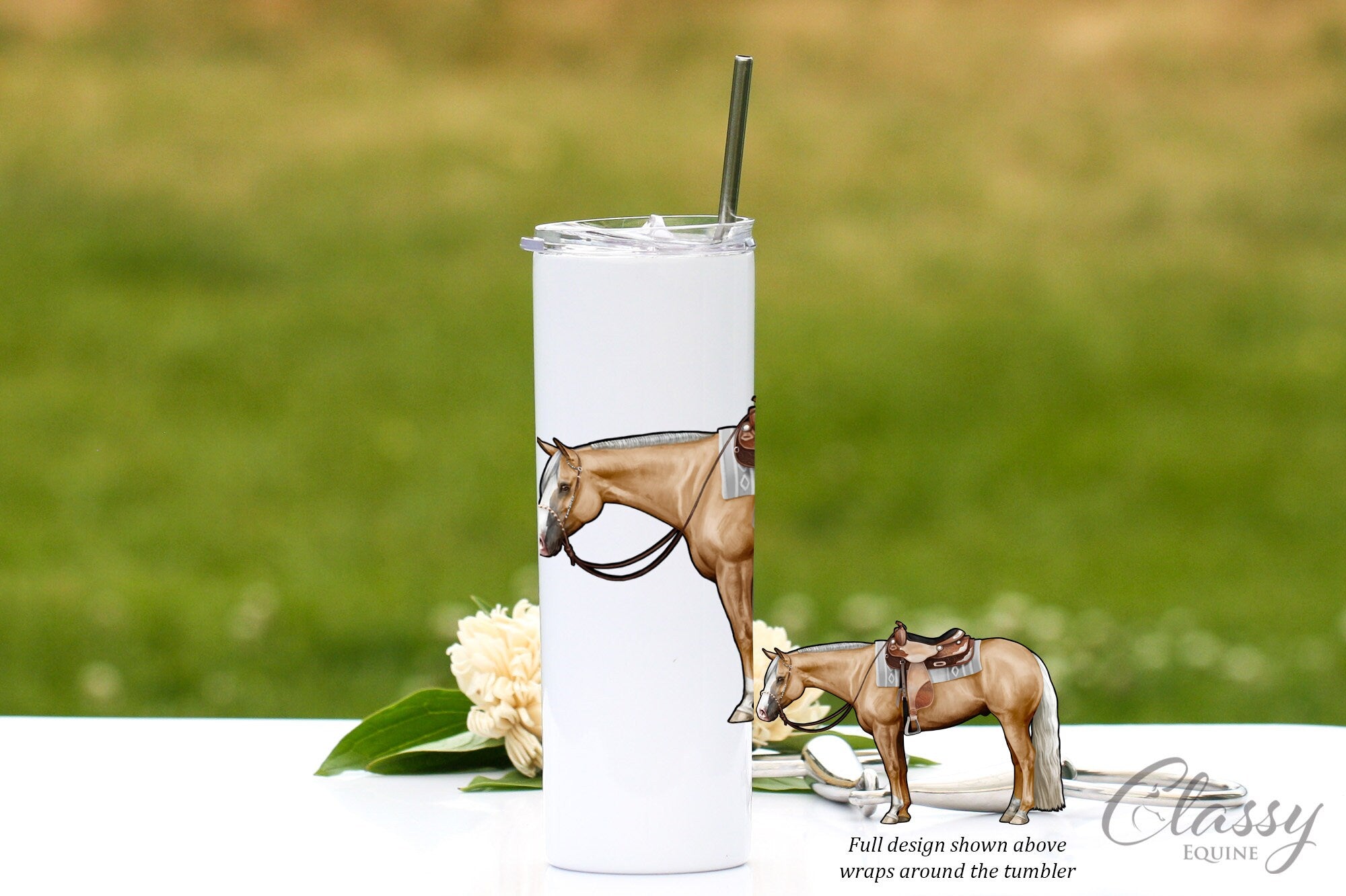 A stylish 20 oz Palomino horse tumbler with lid, featuring a beautiful Palomino horse design, perfect for equestrian lovers.