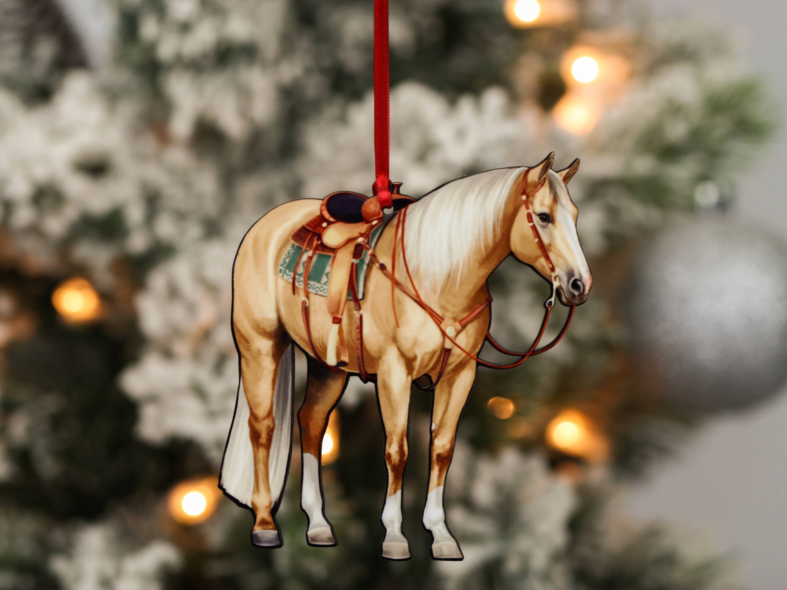 Palomino Western Ranch Quarter Horse ornament made of composite wood, featuring a glossy front and dark brown back, perfect for holiday decor.