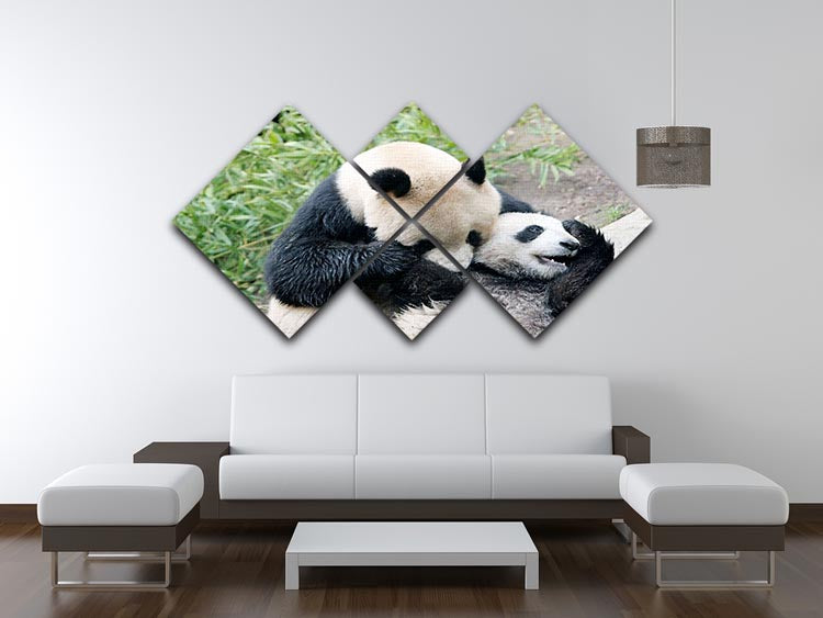 A beautiful multi-panel canvas artwork featuring a panda bear and her cub, divided into four equal sections for a striking display.