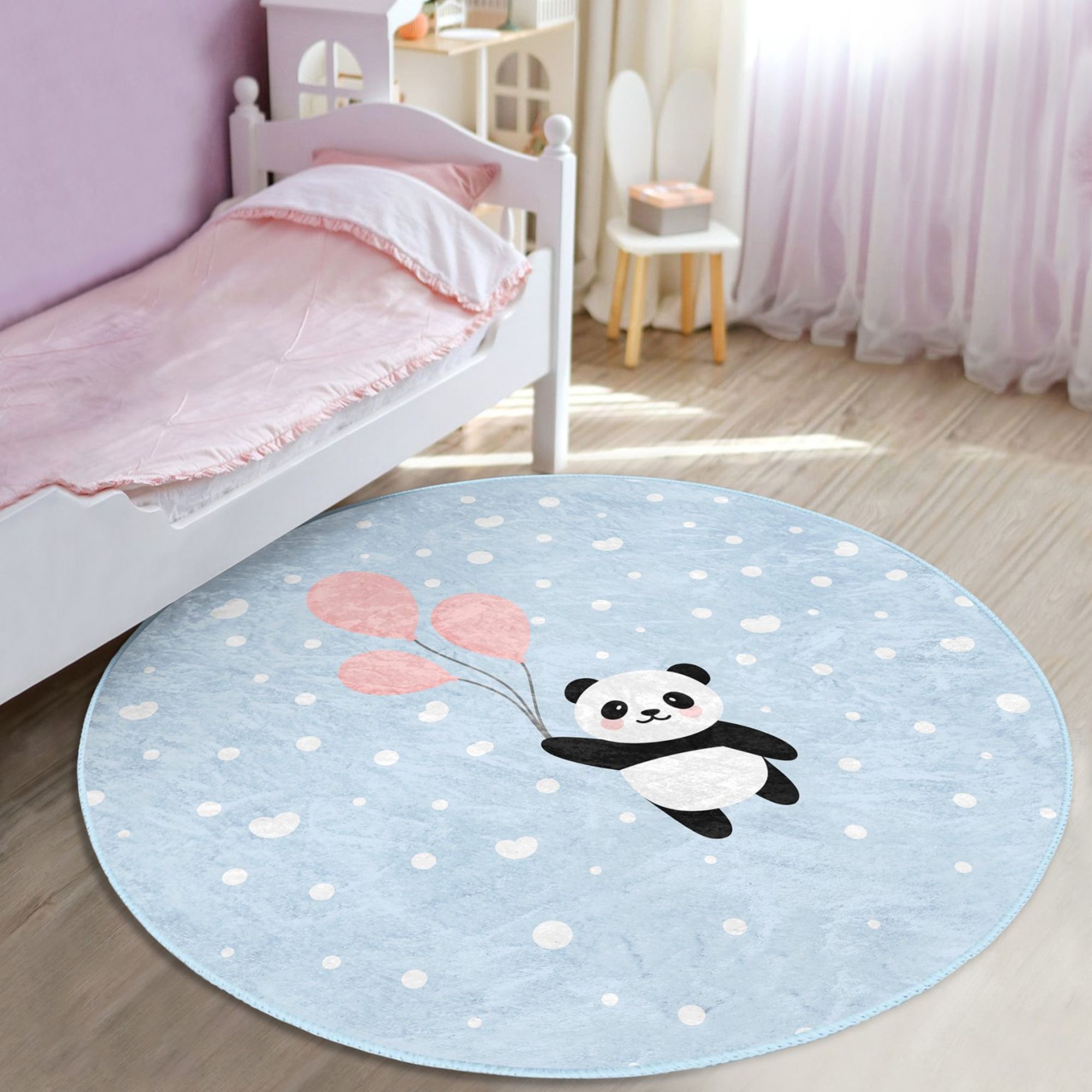 Panda Flying with Balloons Blue Kids Rug featuring a cute panda design on a vibrant blue background, perfect for children's rooms.