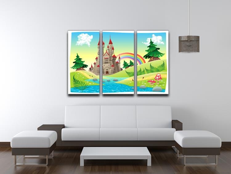 A stunning 3-panel canvas print featuring a panoramic view of a castle, enhancing interior decor with elegance.