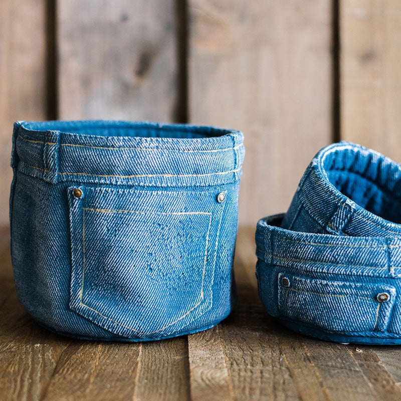 Pants for Plants Blue Jeans Cement Flower Pot showcasing a stylish blue jeans design, perfect for indoor plants.