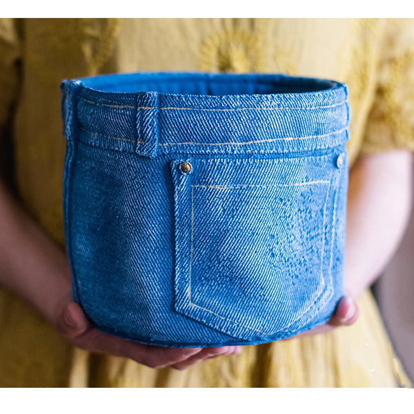 Pants for Plants Blue Jeans Cement Flower Pot showcasing a stylish blue jeans design, perfect for indoor plants.