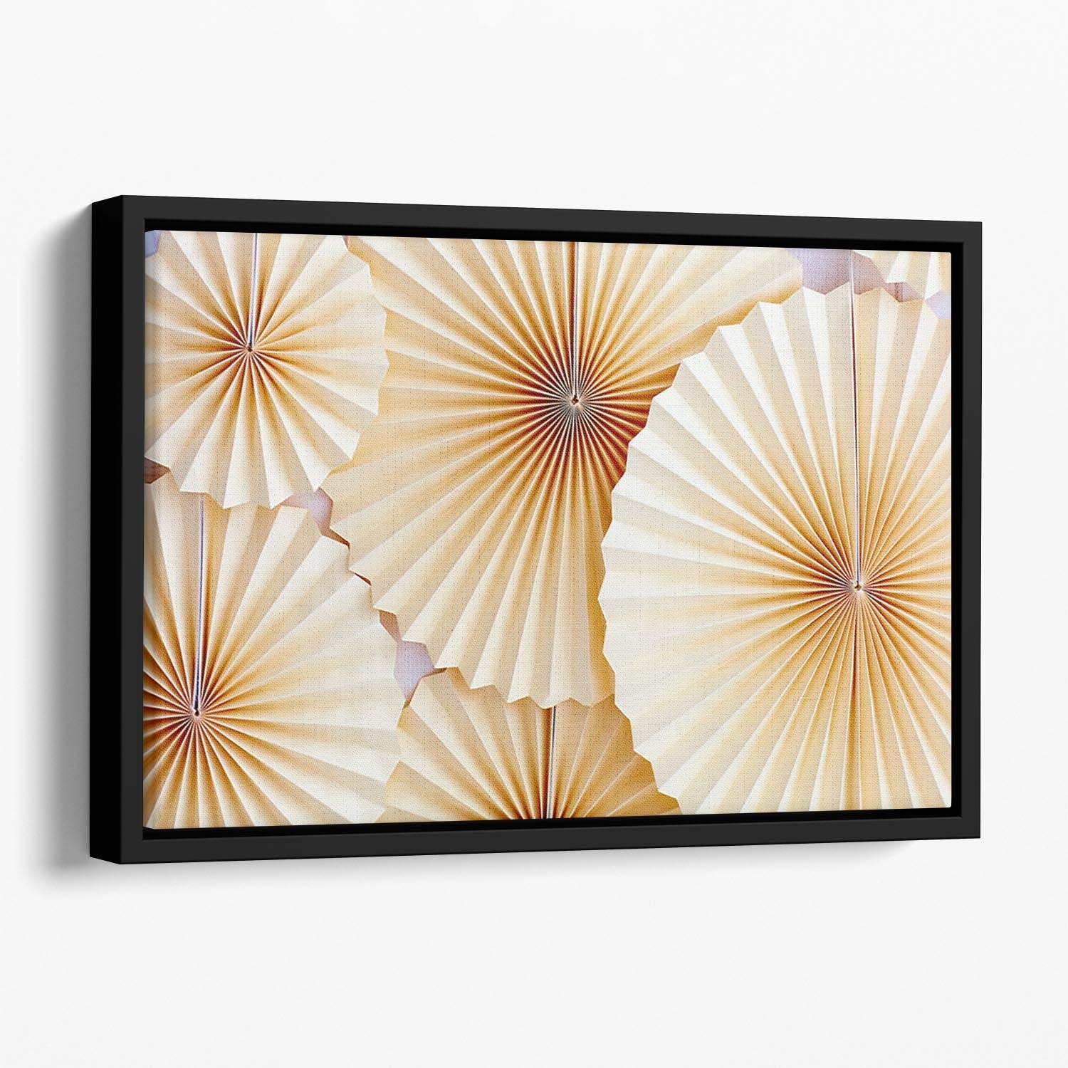 Colorful abstract wall art featuring paper fans in a floating frame, enhancing modern home decor.