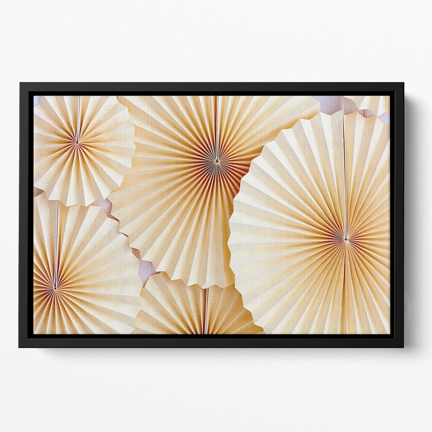 Colorful abstract wall art featuring paper fans in a floating frame, enhancing modern home decor.
