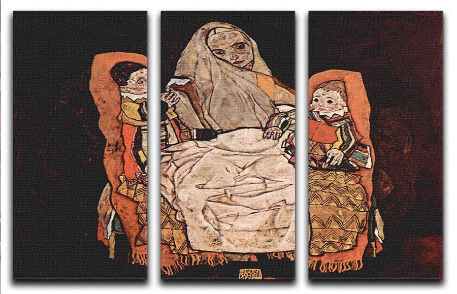 Three-panel canvas art featuring Egon Schiele's 'Parent with Two Children', showcasing emotional family connection.