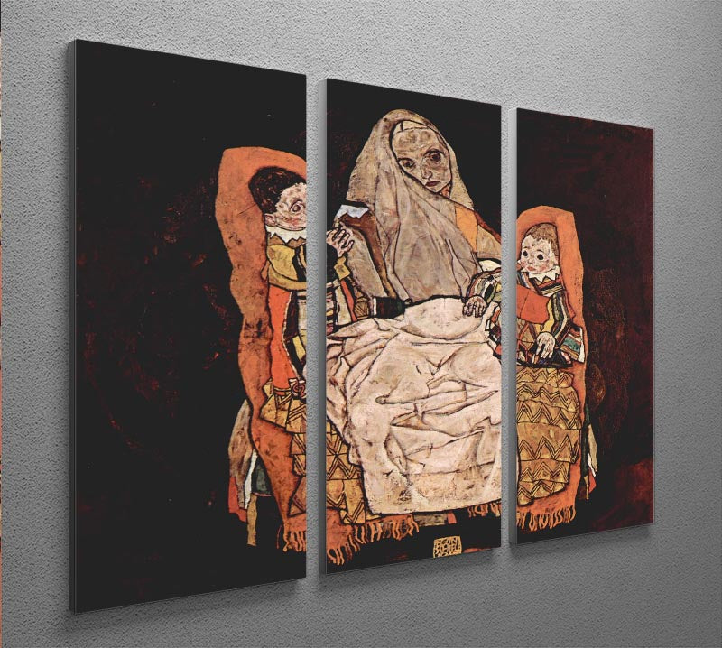 Three-panel canvas art featuring Egon Schiele's 'Parent with Two Children', showcasing emotional family connection.