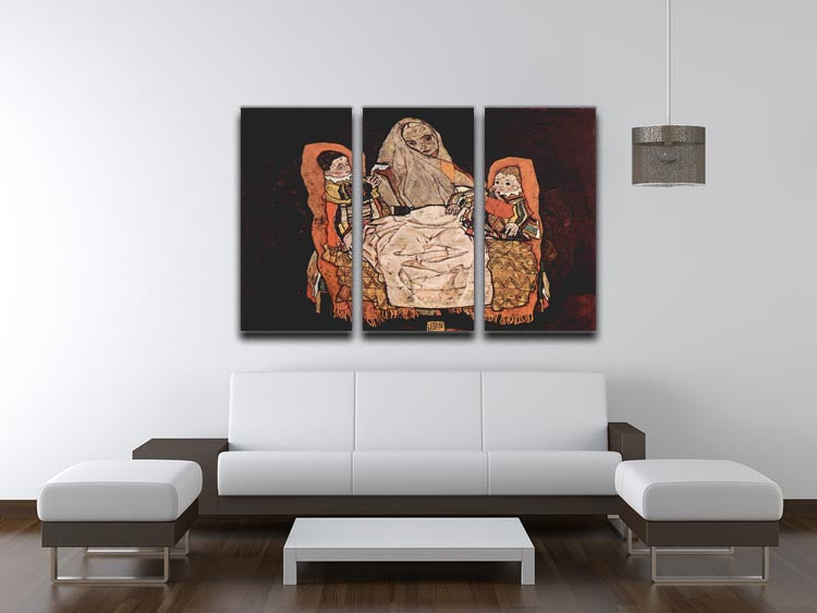 Three-panel canvas art featuring Egon Schiele's 'Parent with Two Children', showcasing emotional family connection.