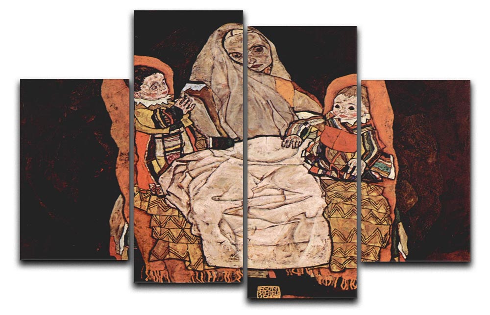 A 4-split canvas artwork depicting Egon Schiele's 'Parent with Two Children', showcasing four panels that create a cohesive image.