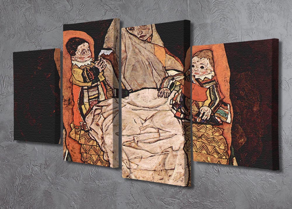 A 4-split canvas artwork depicting Egon Schiele's 'Parent with Two Children', showcasing four panels that create a cohesive image.