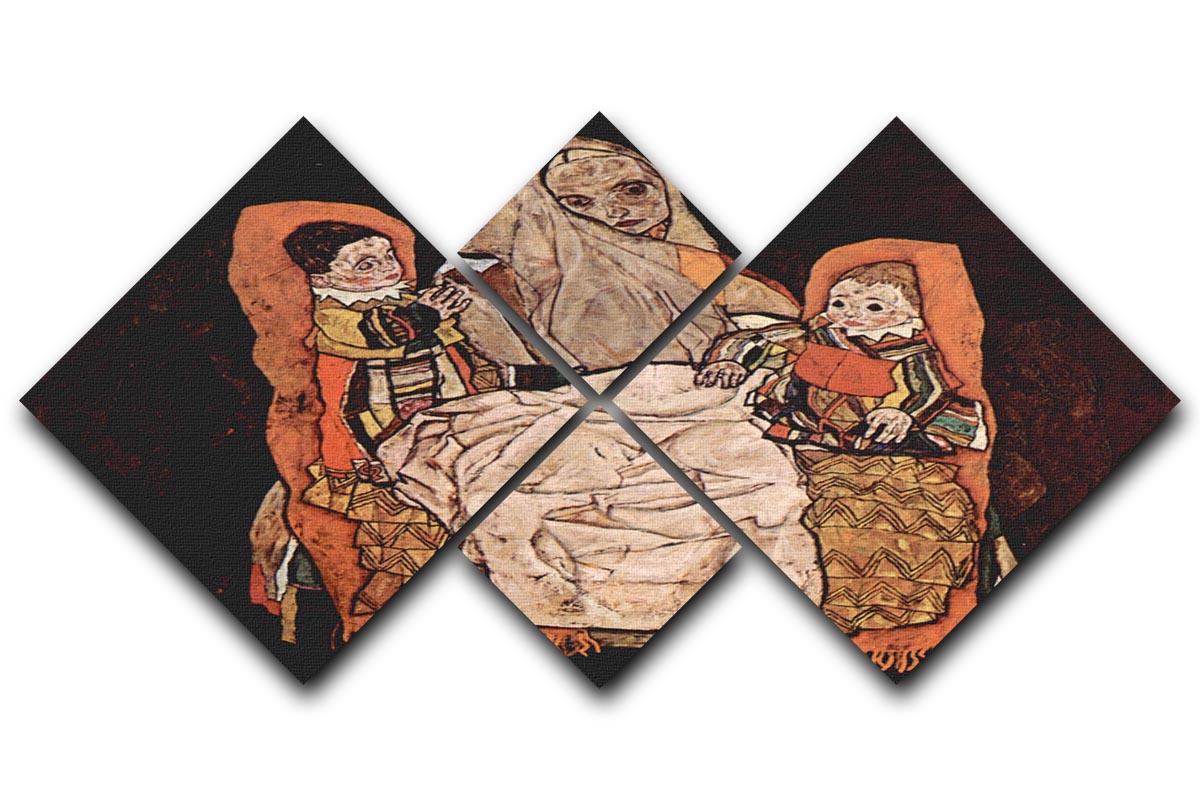 Egon Schiele's 'Parent with Two Children' artwork displayed in a 4-square canvas format, showcasing four panels that create a harmonious image.