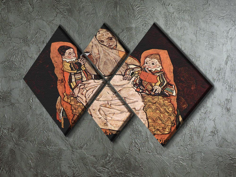Egon Schiele's 'Parent with Two Children' artwork displayed in a 4-square canvas format, showcasing four panels that create a harmonious image.
