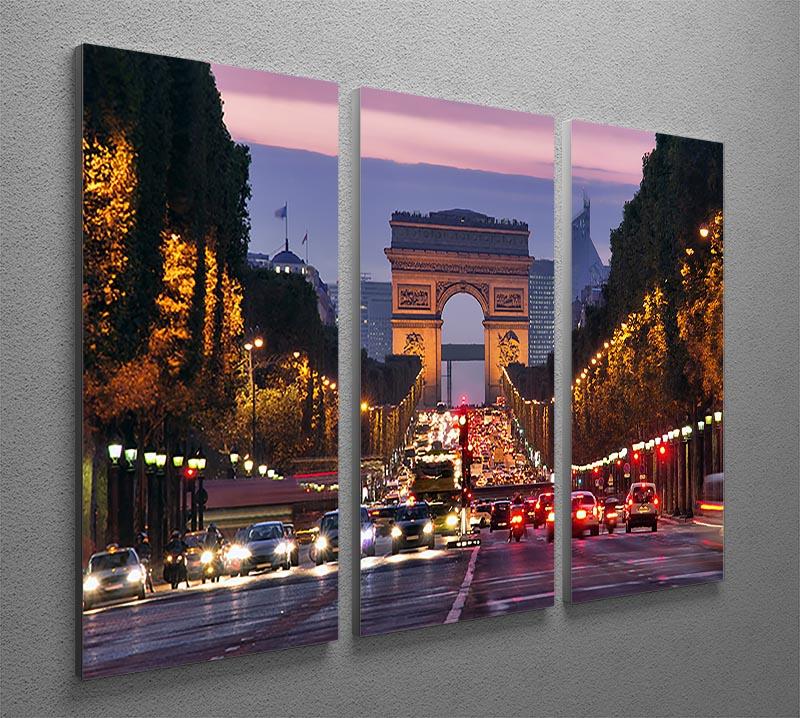 A stunning 3-panel canvas print depicting the Paris Champs Elysees at night, showcasing vibrant city lights and elegant architecture.