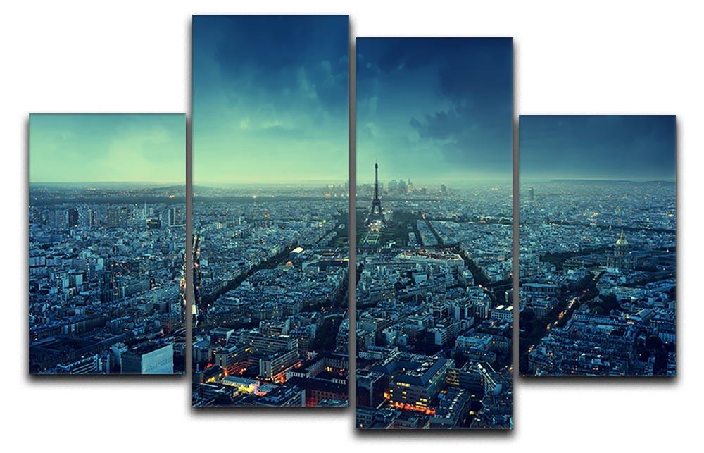 A beautiful 4 split panel canvas featuring the Paris skyline at sunset, showcasing vibrant colors and intricate details.