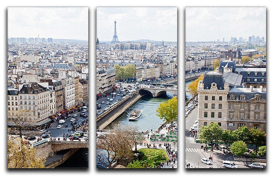Three-panel canvas print showcasing the Paris skyline from Notre Dame, featuring vibrant colors and intricate details.