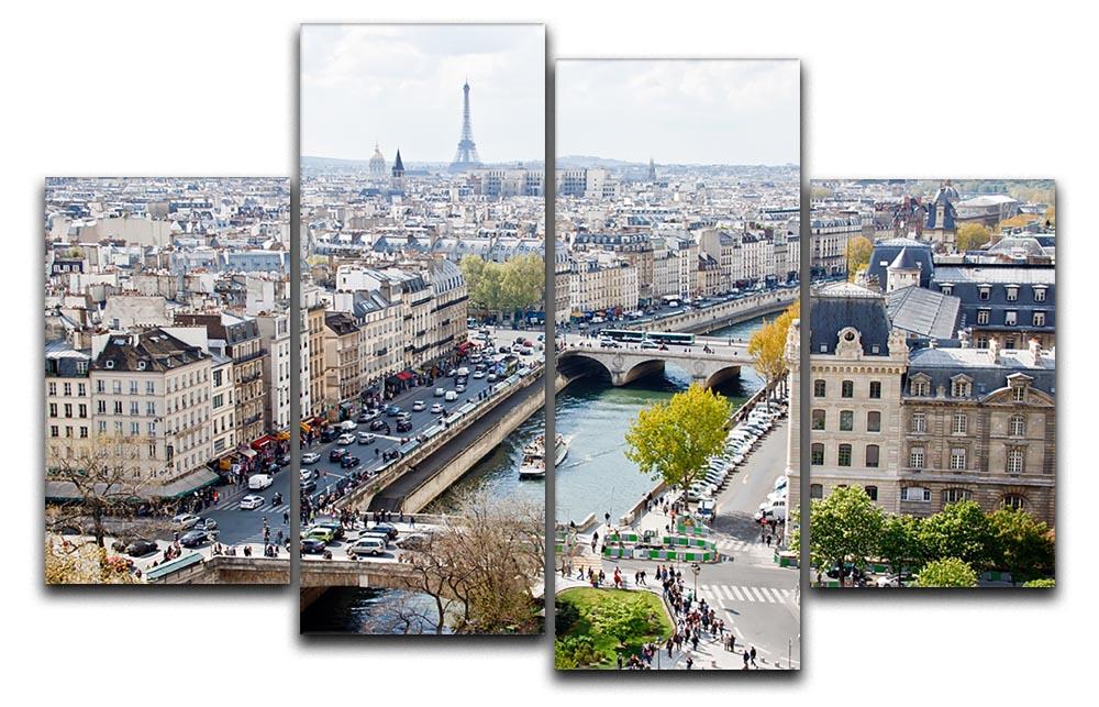 A stunning 4-panel canvas artwork depicting the Paris skyline from the top of Notre Dame, showcasing vibrant colors and intricate details.