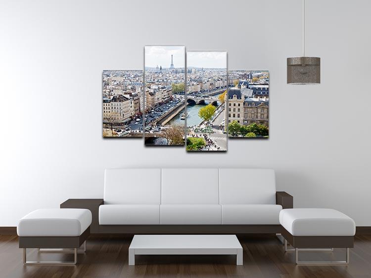 A stunning 4-panel canvas artwork depicting the Paris skyline from the top of Notre Dame, showcasing vibrant colors and intricate details.