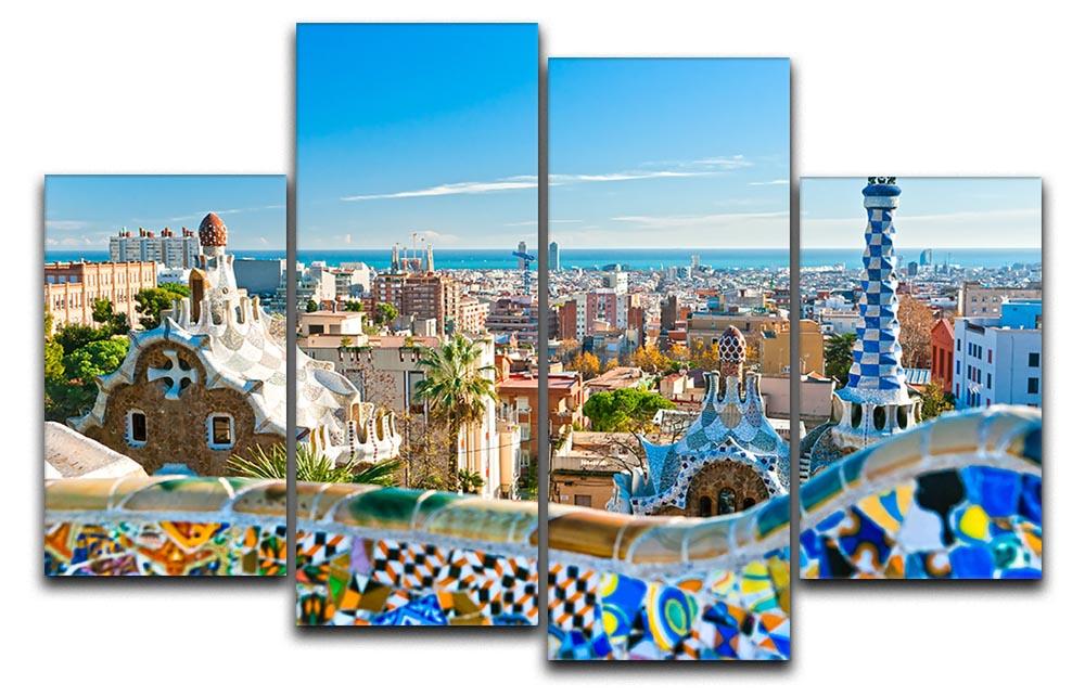 Park Guell 4 Split Panel Canvas artwork featuring vibrant colors and intricate designs, showcasing a cohesive image across four panels.