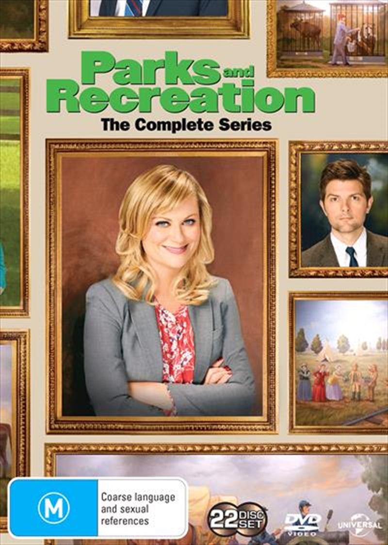 Parks and Recreation complete boxset DVD featuring all 7 seasons in a colorful packaging.