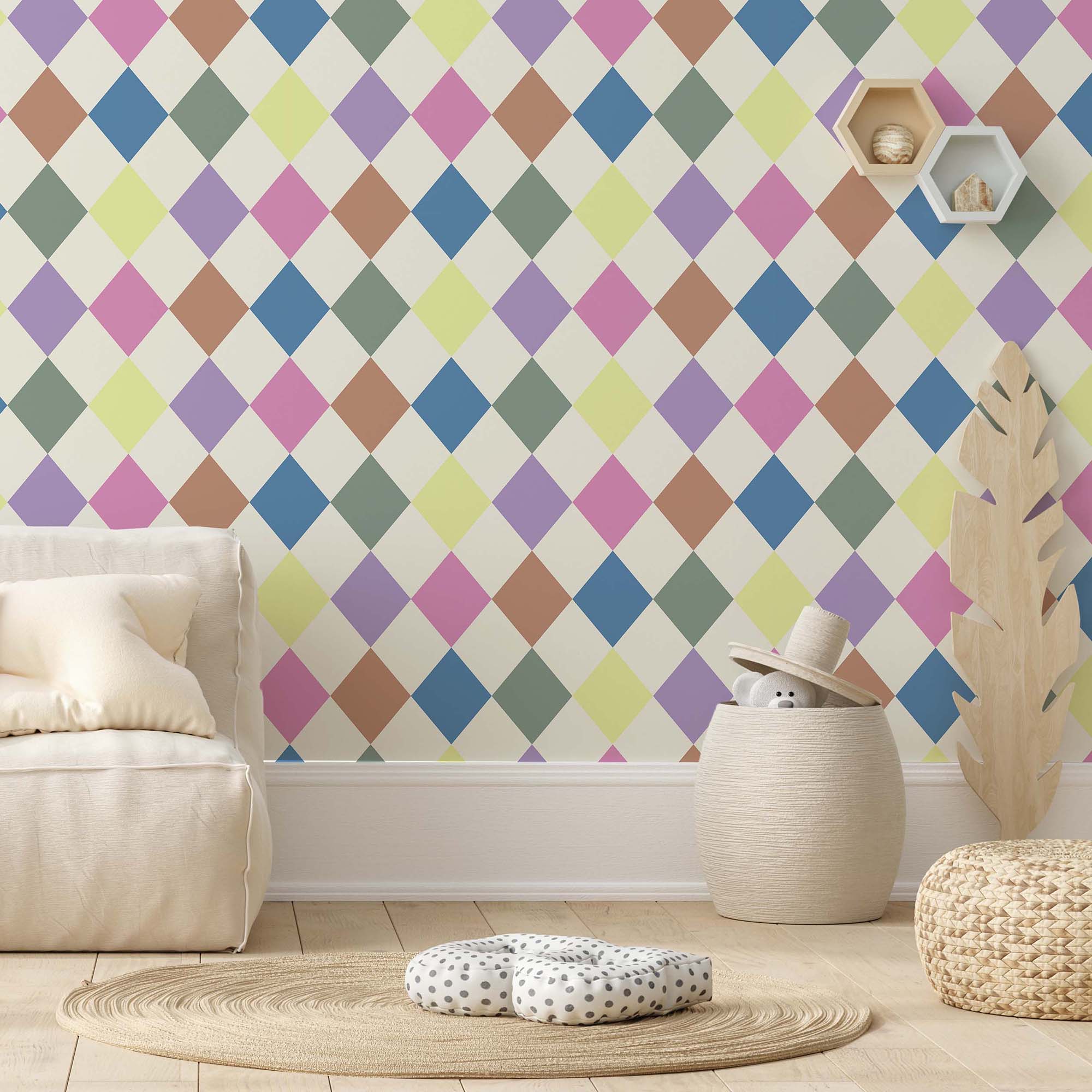 Pastel geometric wallpaper featuring a playful rhombus motif, perfect for children's rooms.