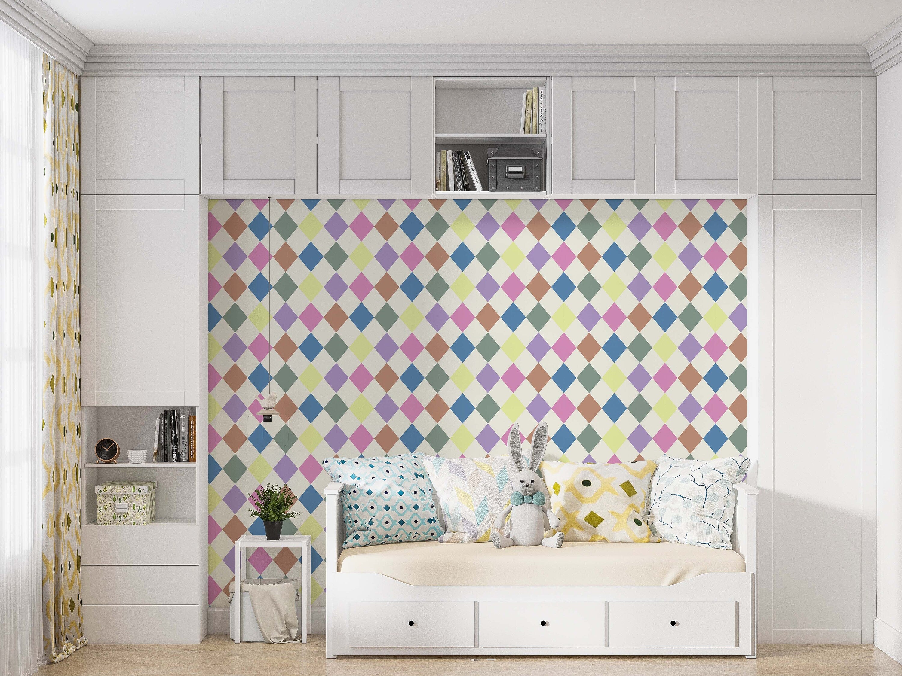 Pastel geometric wallpaper featuring a playful rhombus motif, perfect for children's rooms.