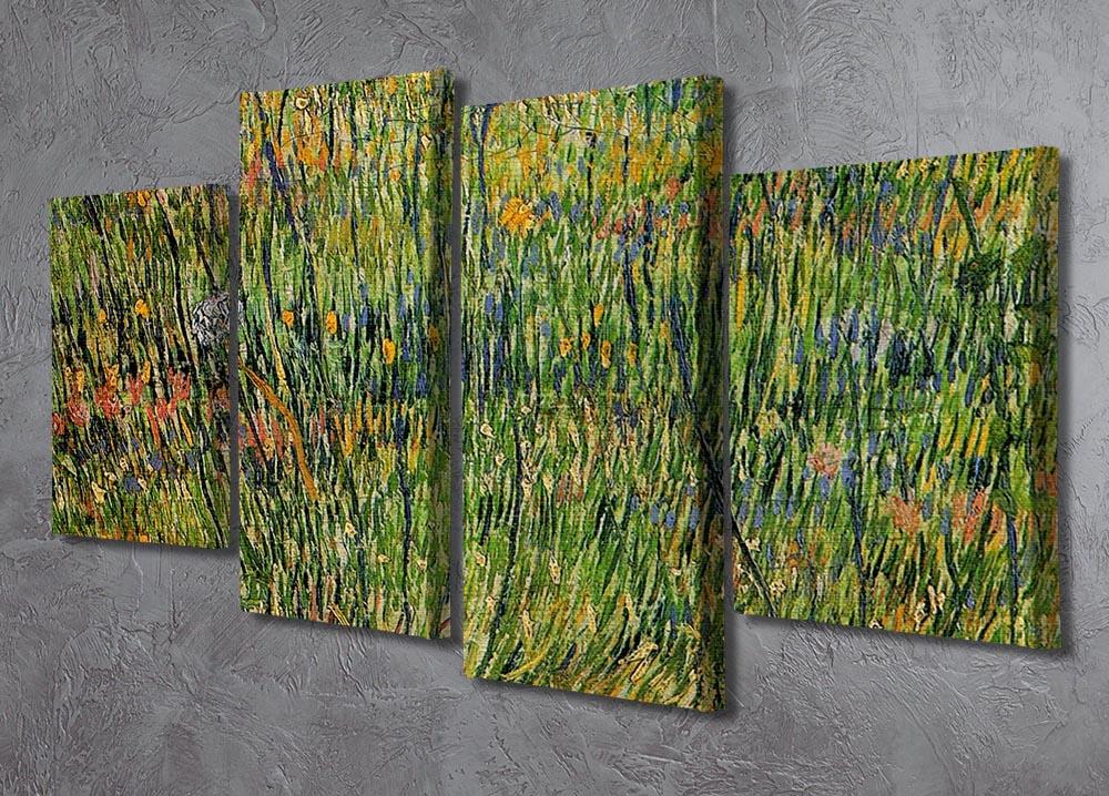 A 4-split canvas artwork featuring Van Gogh's Pasture in Bloom, showcasing vibrant colors and intricate details across four panels.