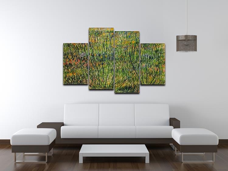 A 4-split canvas artwork featuring Van Gogh's Pasture in Bloom, showcasing vibrant colors and intricate details across four panels.