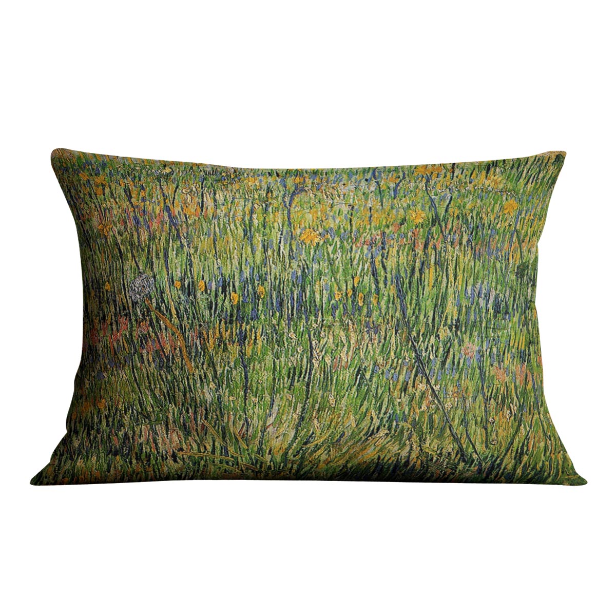 Pasture in Bloom by Van Gogh Cushion featuring vibrant colors on luxurious vegan faux suede, perfect for home decor.