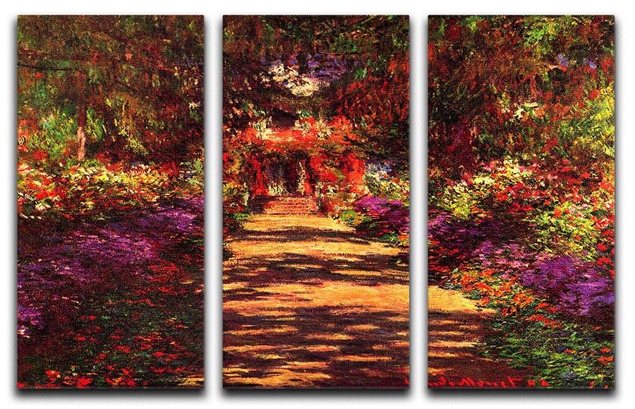 Three-panel canvas print featuring Monet's garden path in Giverny, showcasing vibrant colors and intricate details.