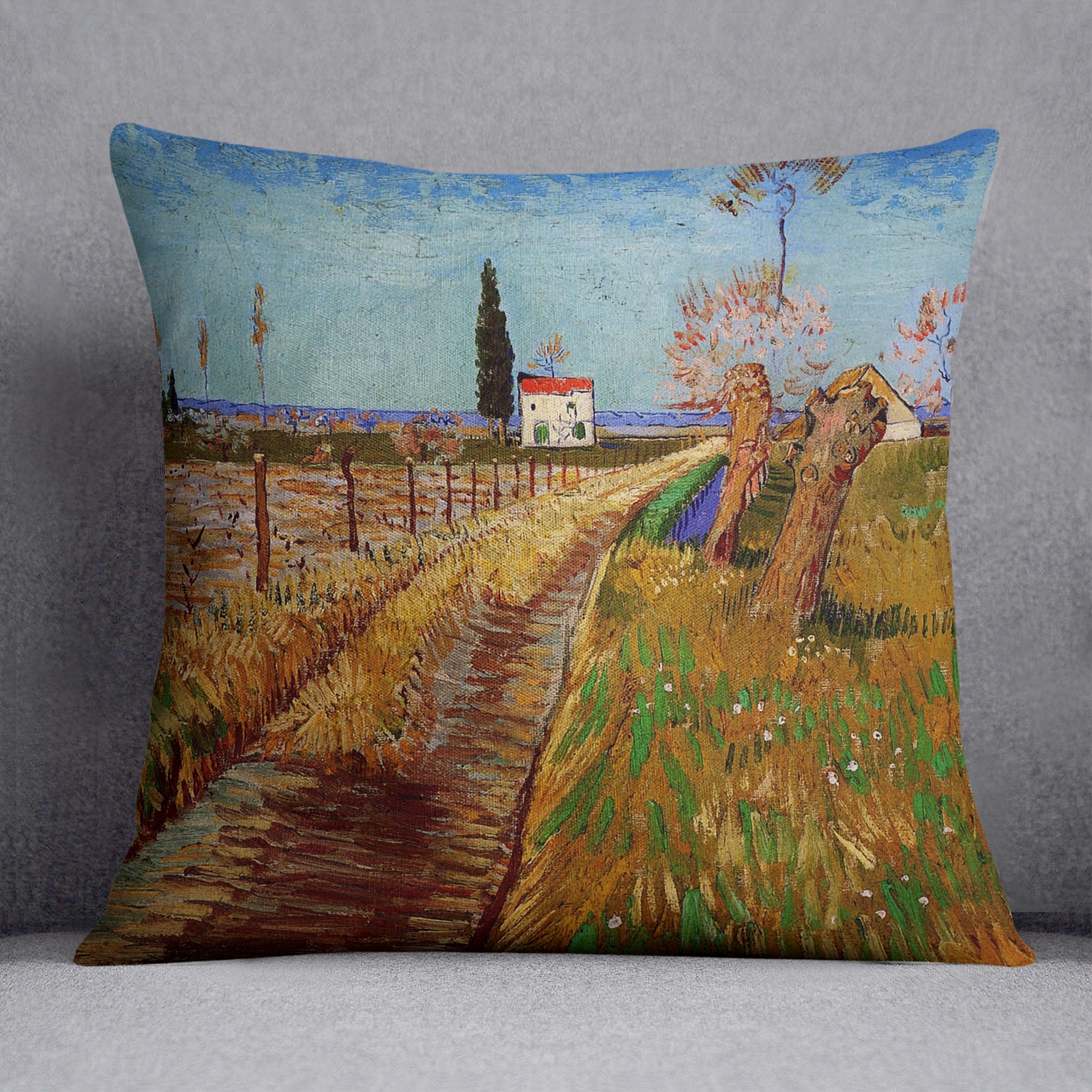 Vibrant cushion featuring Van Gogh's Path Through a Field with Willows design on luxurious vegan faux suede.