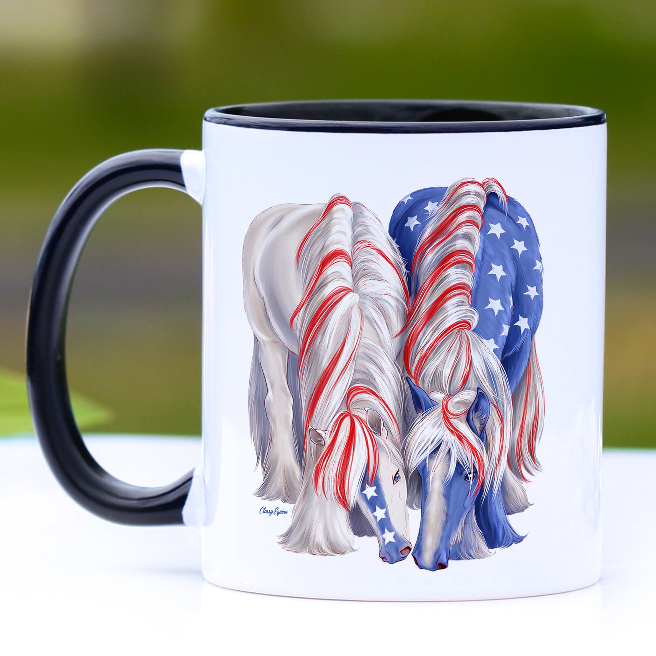 Patriotic BFF Gypsy Horse Yearlings Coffee Mug with black handle and interior, showcasing a beautiful Gypsy horse design.