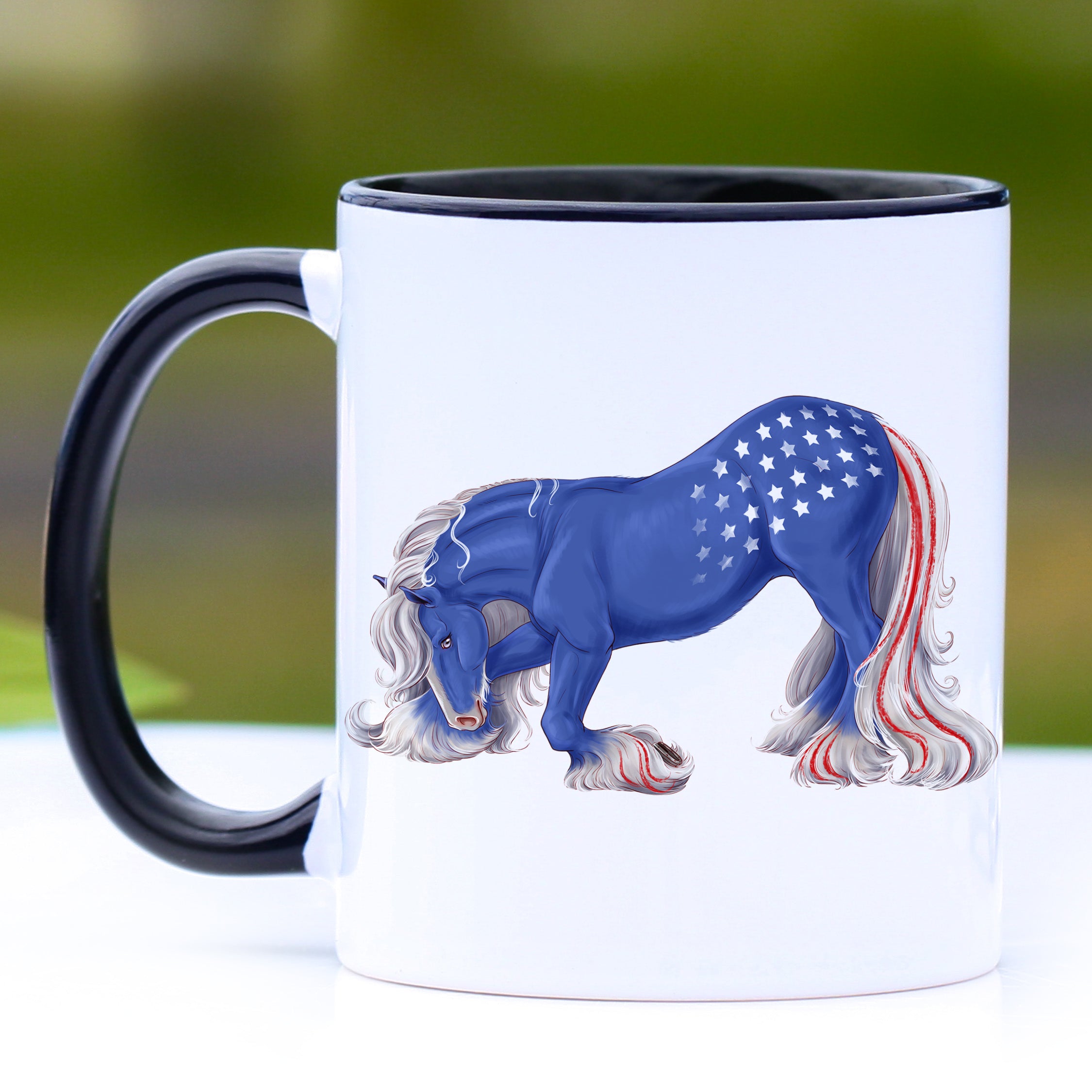 Patriotic coffee mug featuring a bowing Gypsy horse design with a black handle and interior.