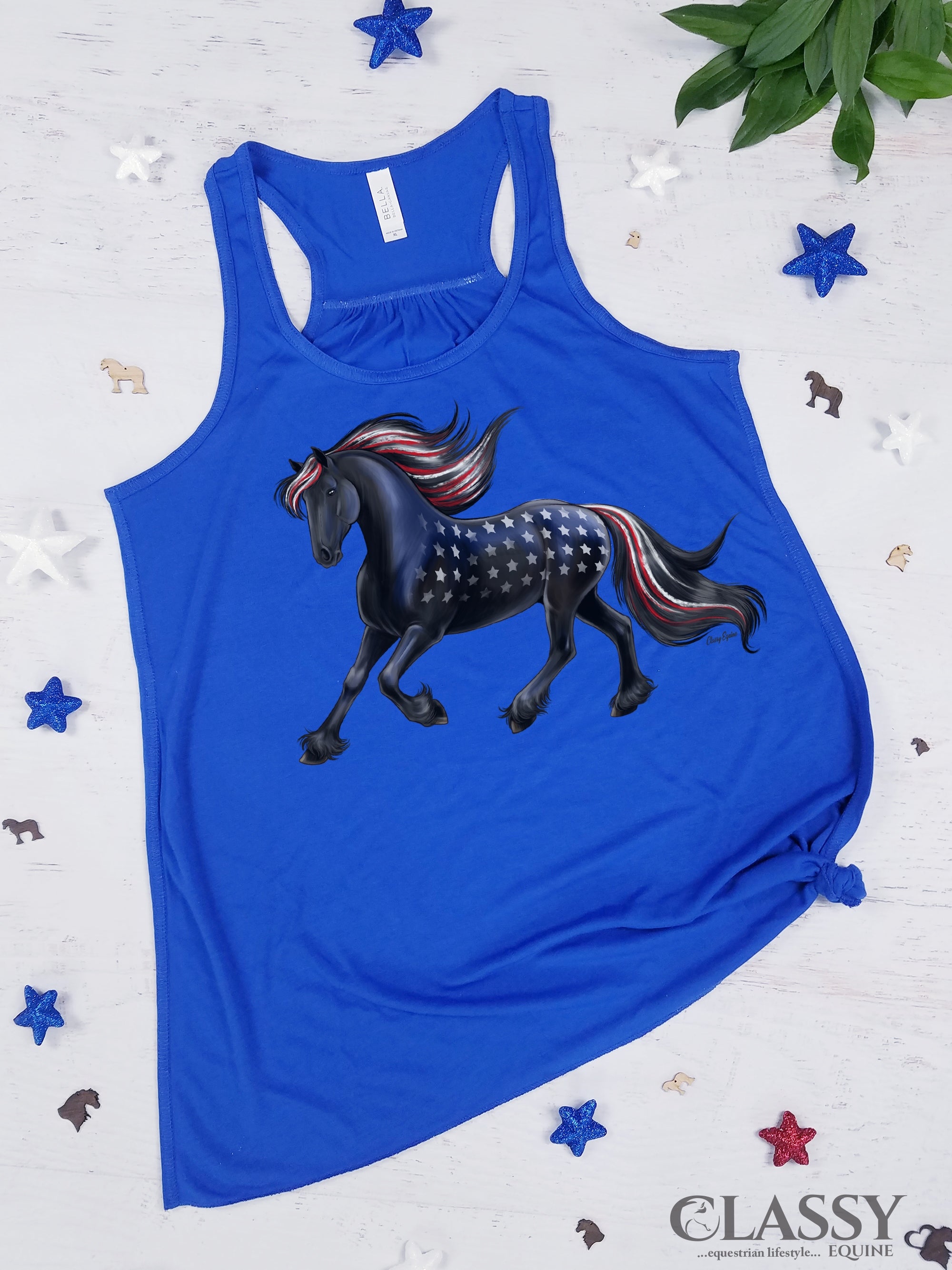 A royal blue flowy tank top featuring a patriotic Friesian horse design, perfect for horse lovers.