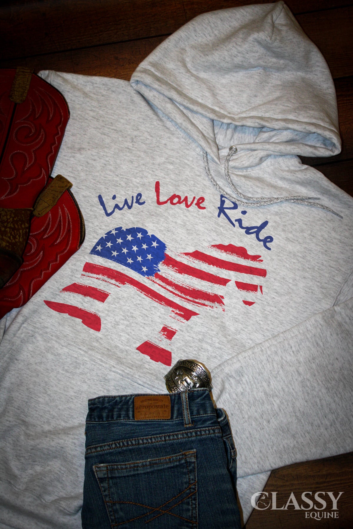 Patriotic Gypsy hooded sweatshirt featuring a fun design, perfect for casual wear and riding.