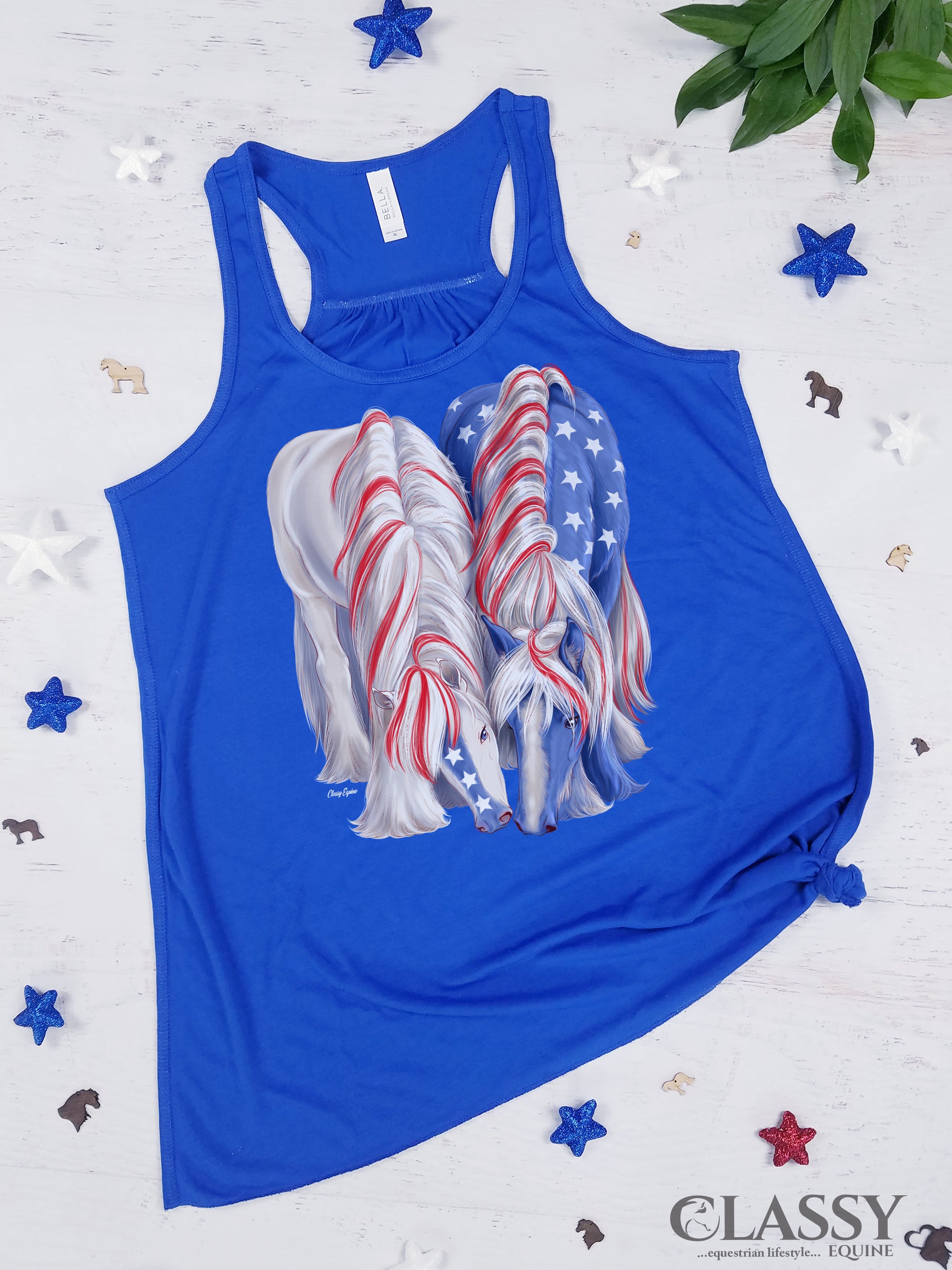 Royal blue tank top featuring two yearling Gypsy horses in a patriotic design, perfect for summer wear.