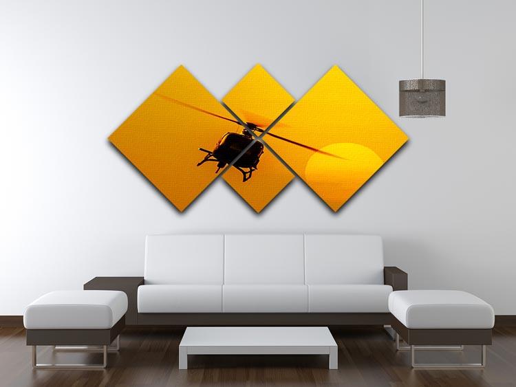 A stunning multi-panel canvas artwork featuring a patrol helicopter flying against a vibrant sunset, divided into four equal square sections.