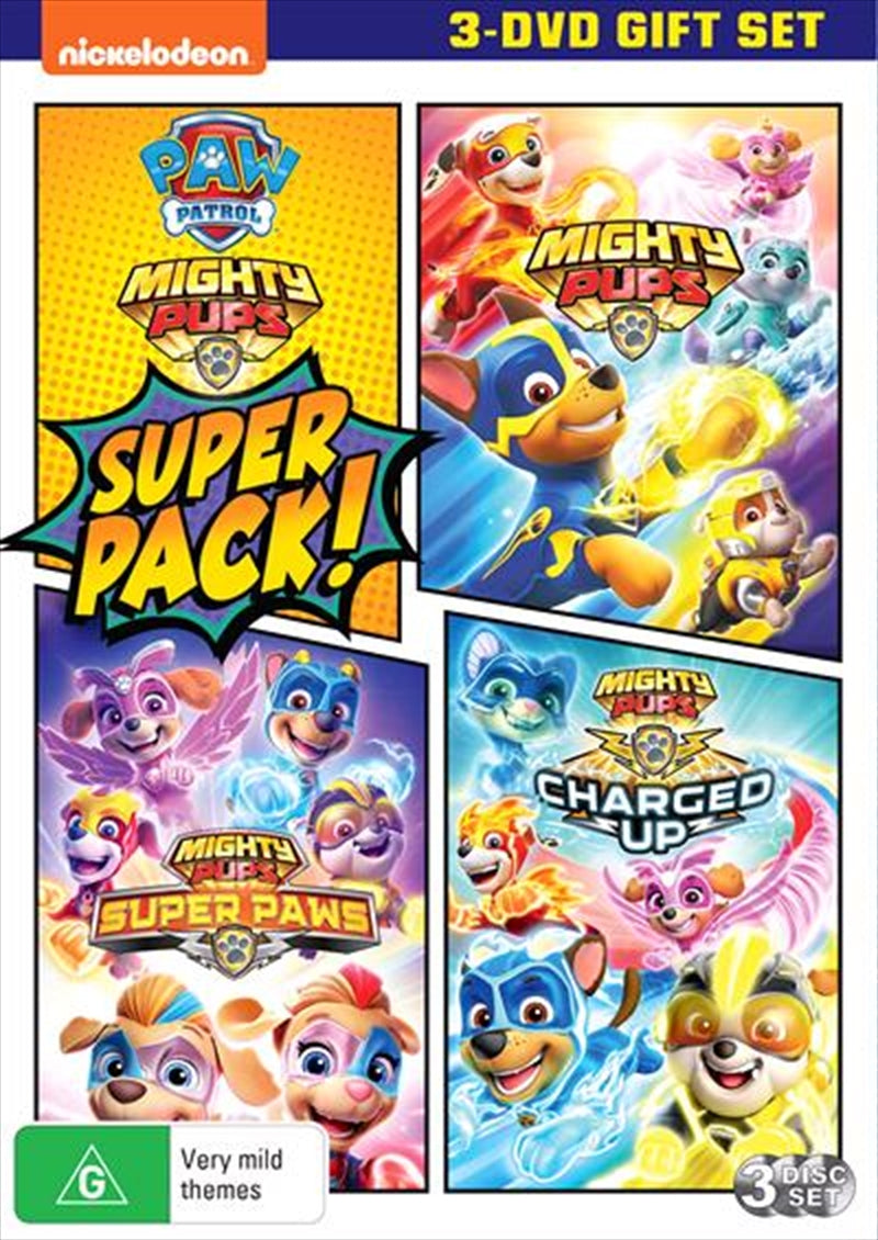 Paw Patrol Mighty Pups Super Pack DVD collection featuring three DVDs with colorful cover art showcasing the Mighty Pups.
