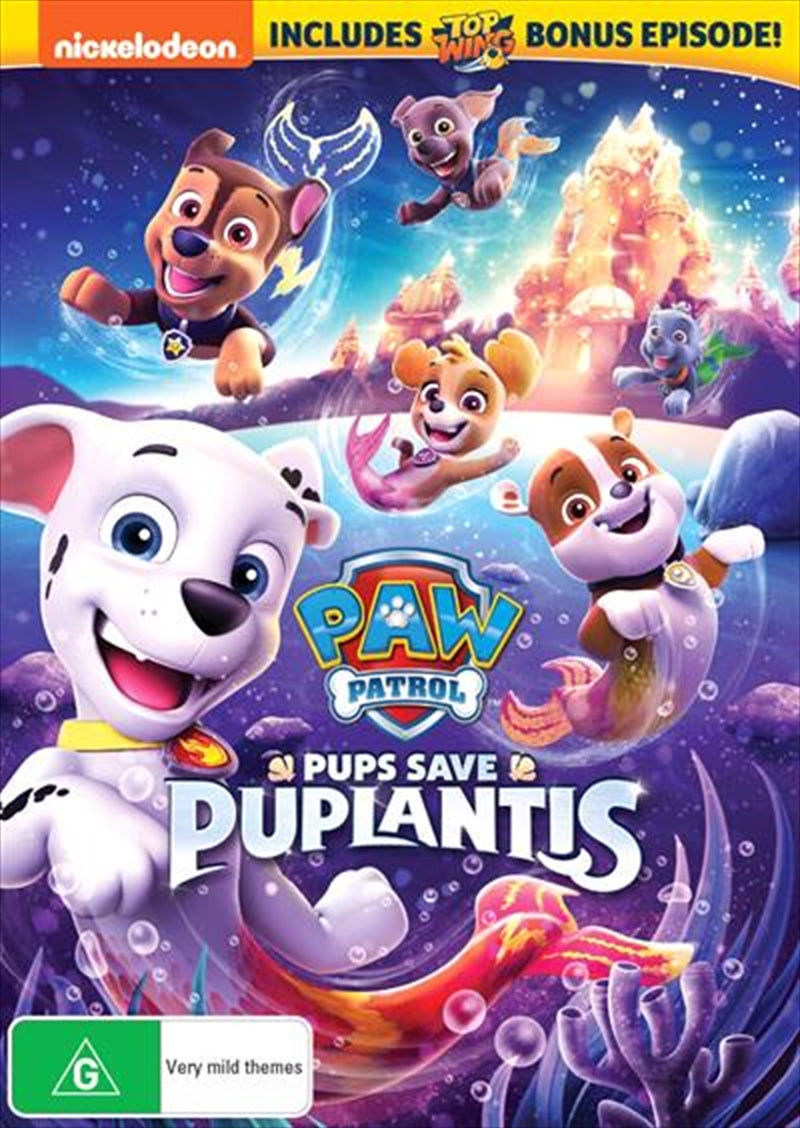 Paw Patrol - Pups Save Puplantis DVD cover featuring Ryder and rescue pups in an underwater adventure.