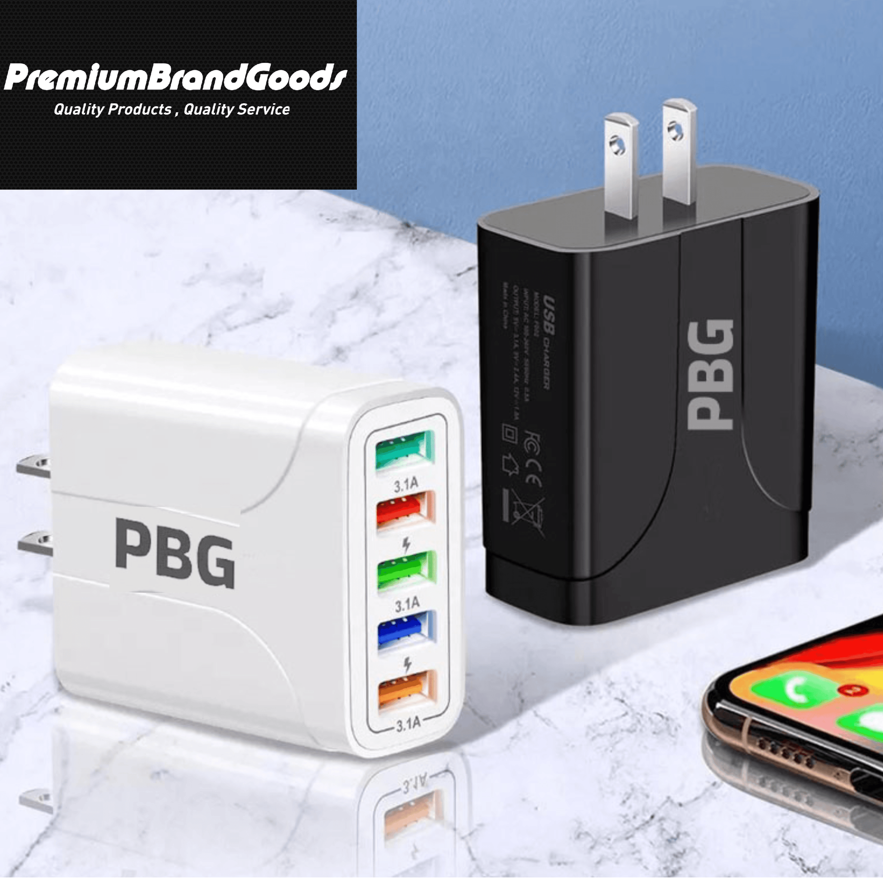 PBG 5 Port Wall Charger in black and white, featuring five charging ports for simultaneous device charging.