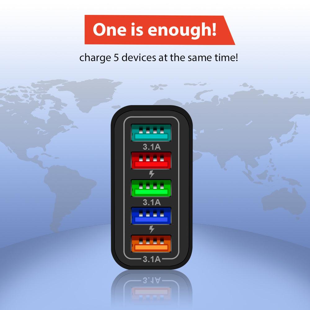 PBG 5 Port Wall Charger in black and white, featuring five charging ports for simultaneous device charging.