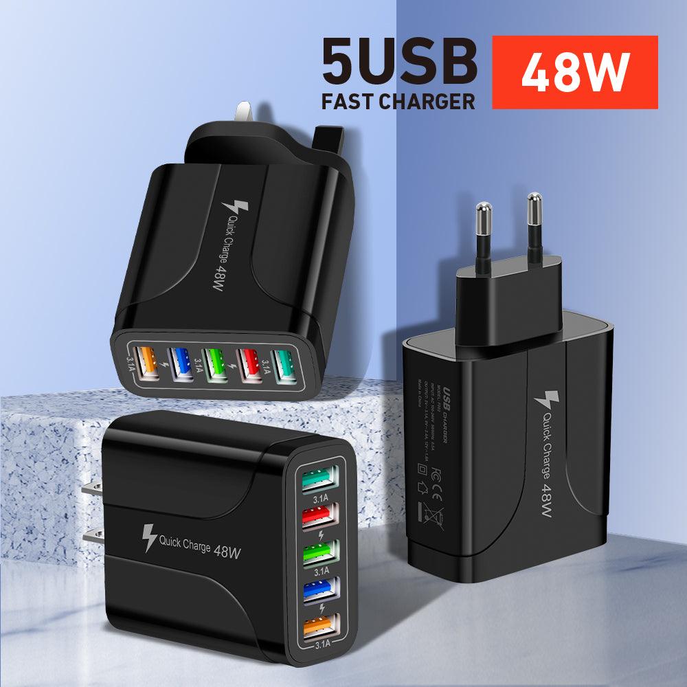 PBG 5 Port Wall Charger in black and white, featuring five charging ports for simultaneous device charging.