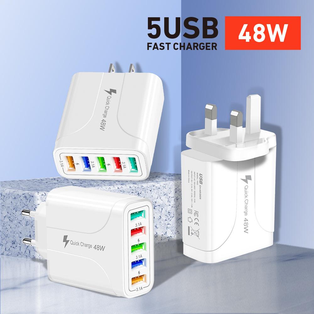 PBG 5 Port Wall Charger in black and white, featuring five charging ports for simultaneous device charging.